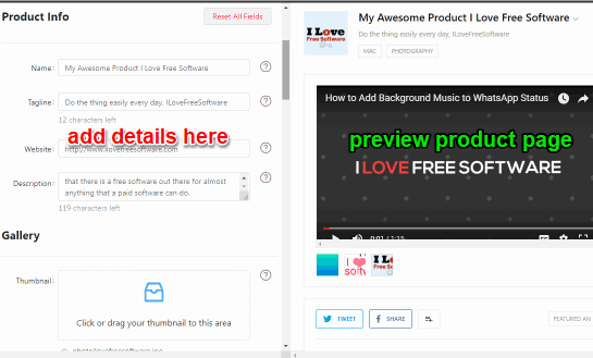 add product details and preview product page on product hunt