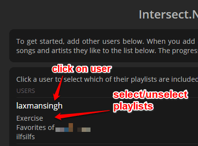 click on user and select unselect playlists
