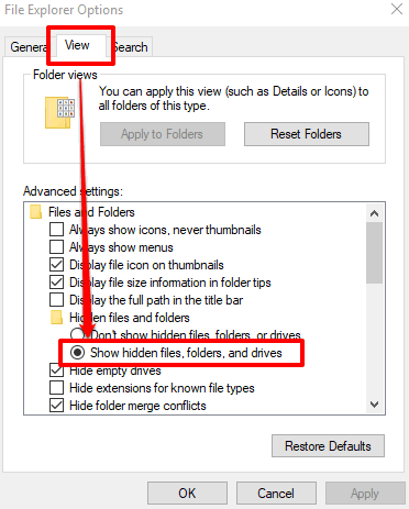 enable show hidden files folders option in file explorer options window