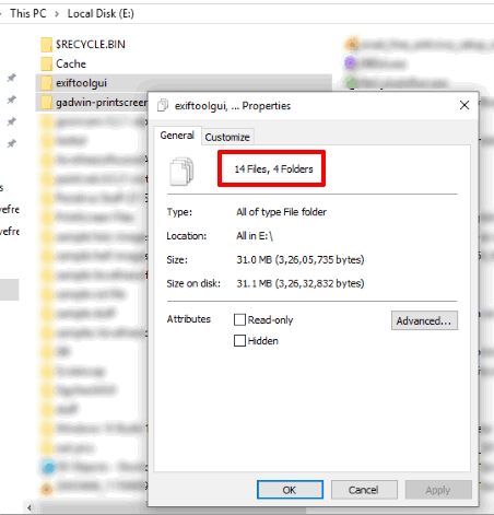 find number of files in folders using properties window