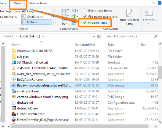 select hidden items option in view tab in file explorer