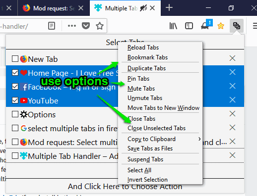 use options for selected tabs