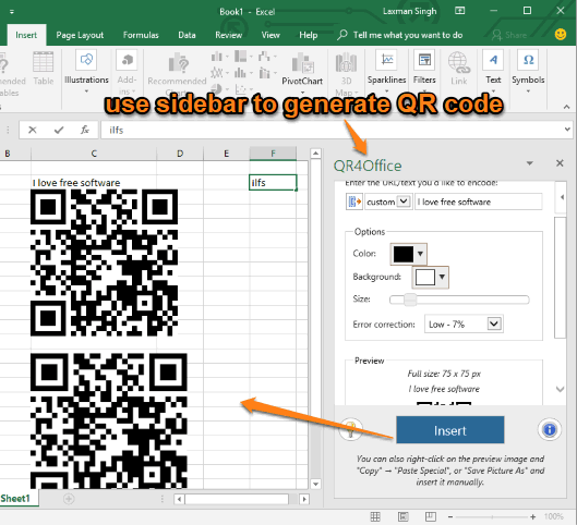 use sidebar to generate qr code and insert it