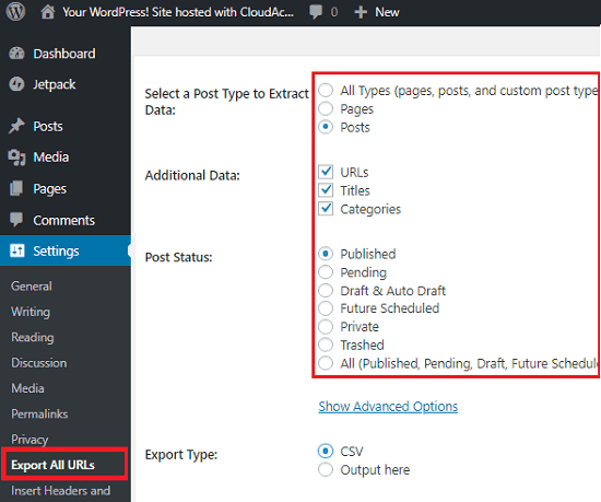 Export all urls specify preferences