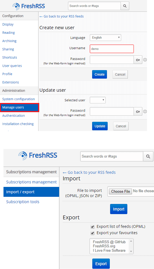FreshRSS users and export data