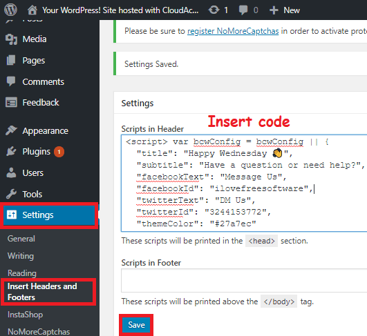 Insert code in head of your website