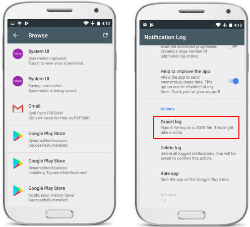 Notification Log export android notifiactions to JSON