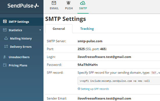 SendPulse free SMTP server