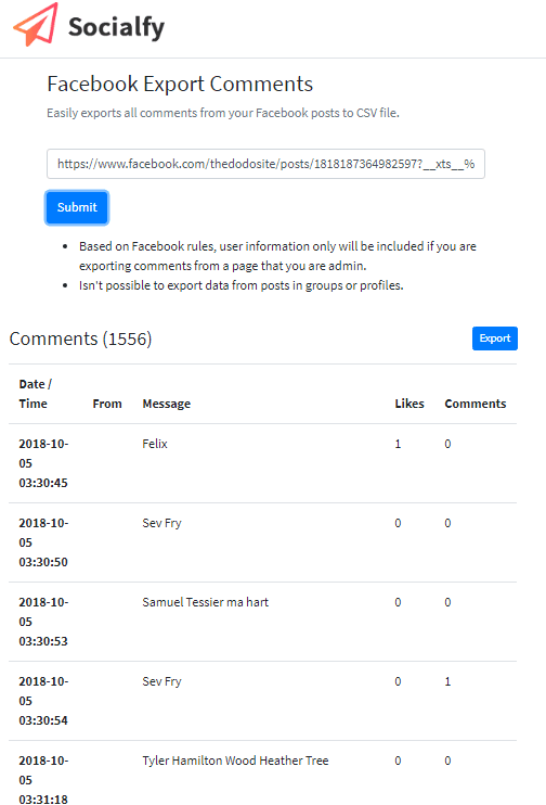 Socialfy export facebook comments to Excel free