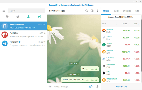 Telegram Desktop Client with 50 Pins, Cryptocurrency Prices, Dark Mode