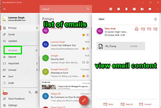 WunderMail for Gmail- interface