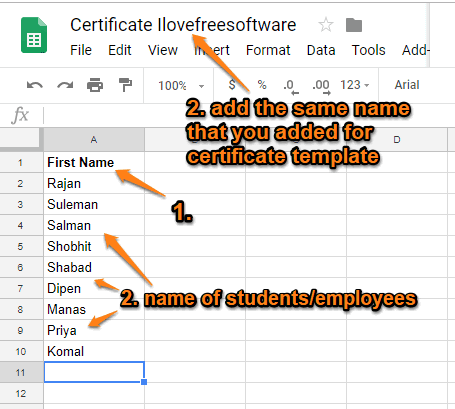 create google slides file with names and save it with same name as certificate template