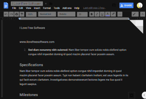 google docs document visible in dark mode