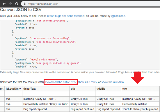 konklone JSON to CSV converter