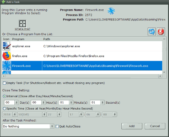 select a program and set close time