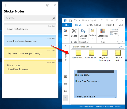 sticky notes transferred to microsoft outlook