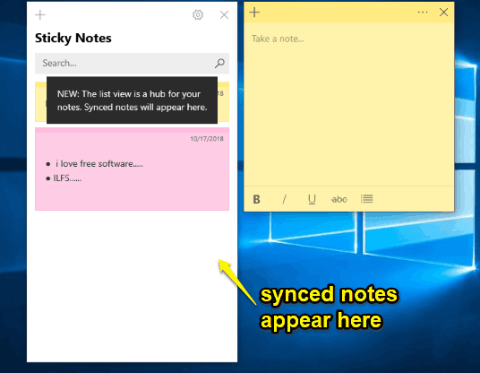 synced notes of windows 10 sticky notes app