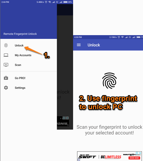 use unlock option and then fingerprint to unlock pc