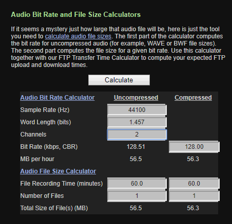 Audio Bit Rate and File Size Calculator