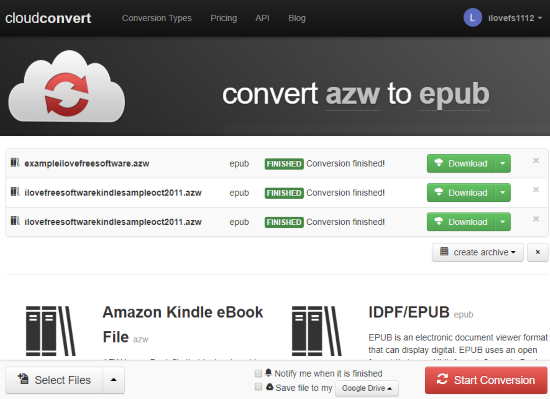 CloudConvert azw to epub