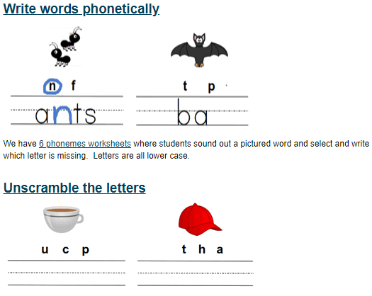 K5 Learning phonics worksheet