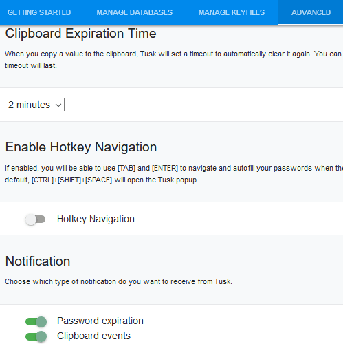 KeePass Tusk addon settings