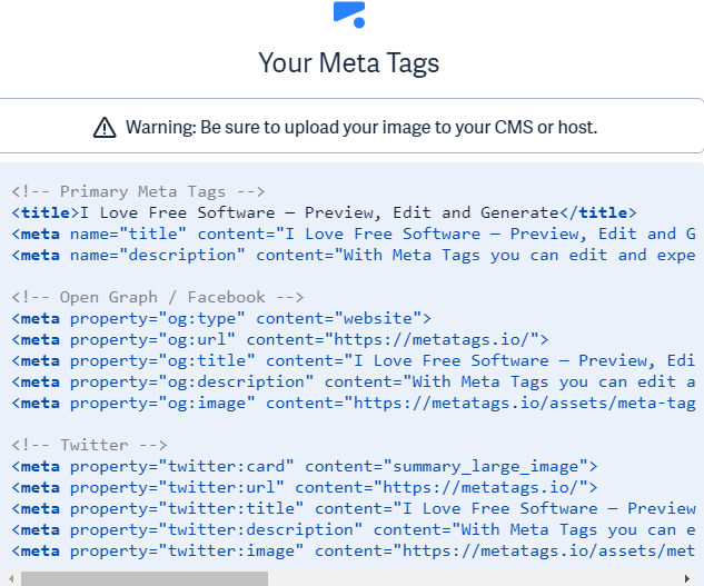Meta Tags code generated