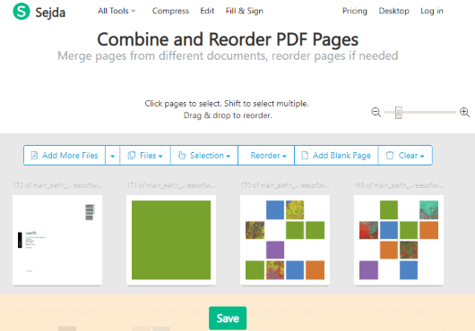 Sejda Combine and Reorder PDF Pages interface
