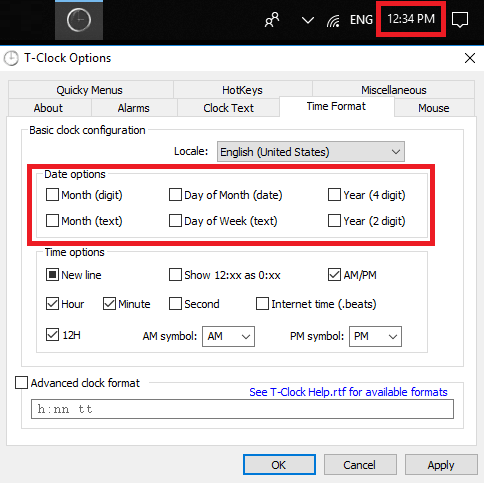T-Clock remove date to see only time in taskbar