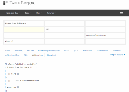 Table Editor website interface