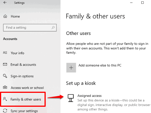 access family and other users page and click on set up a kiosk