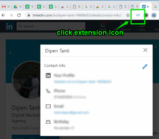 click CV from LinkedIn extension icon