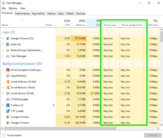 power usage of apps and software in windows 10