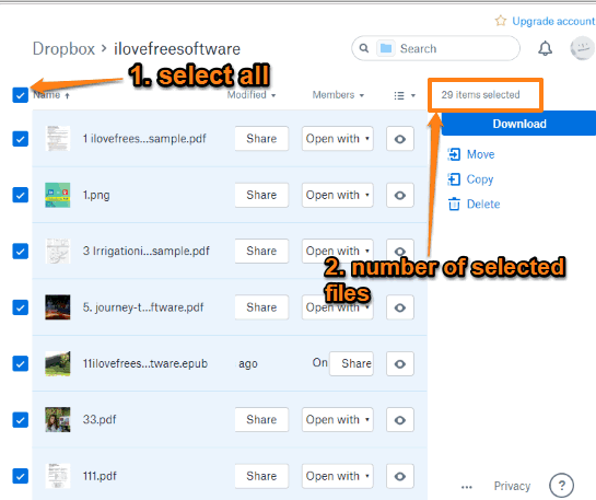 select all items to count number of files in a dropbox folder