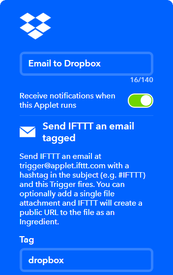 send files to Dropbox using email to Dropbox IFTTT applet