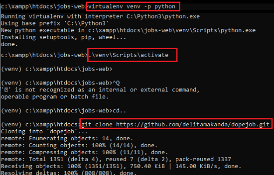 Dopejob create and activate virtual environment