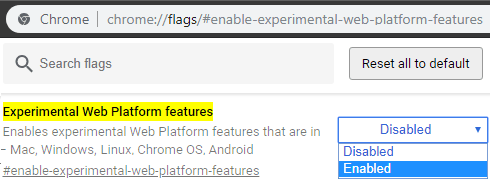 Experimental Web Platform features enable chrome