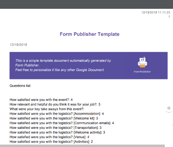 Form Publisher Google Forms add-on- pdf for form response created