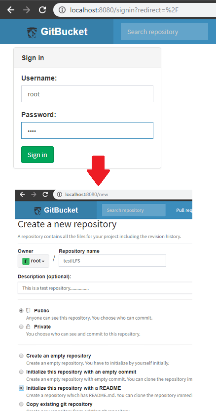 GitBucket create repo and sign in