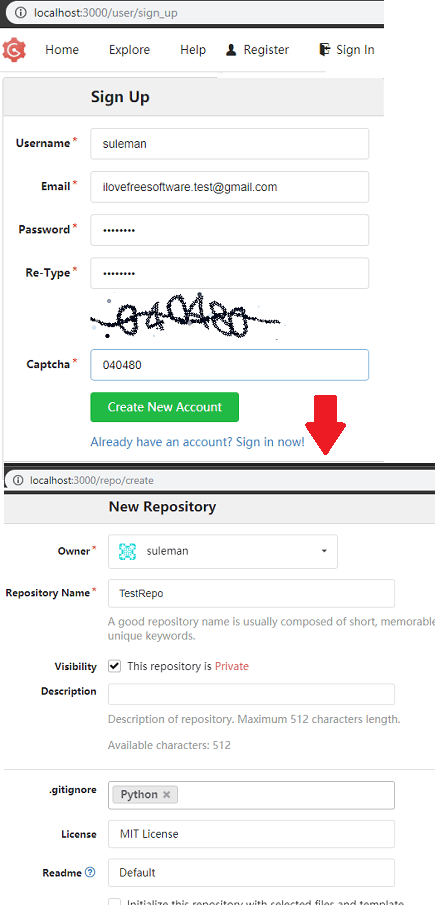 Gogs create account and create repository