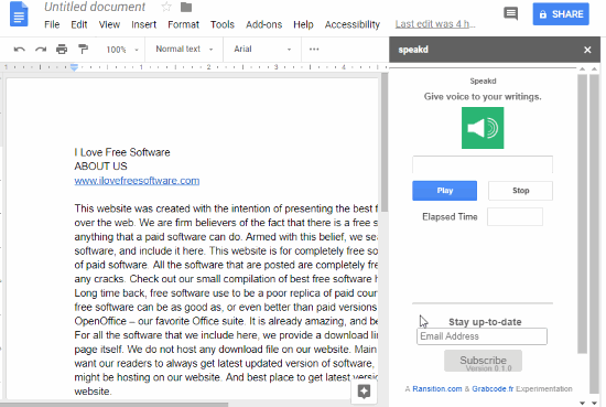 Speakd Google Docs text to speech add-on