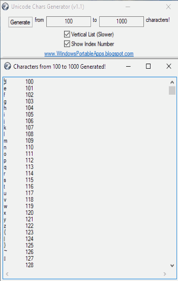 Unicode Generator vertical with index numbers