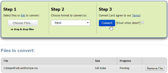 Zamzar csv to html converter