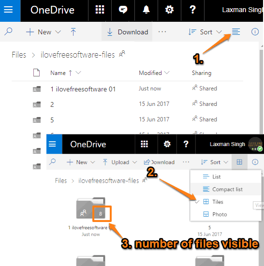 change view mode to see number of files in a folder