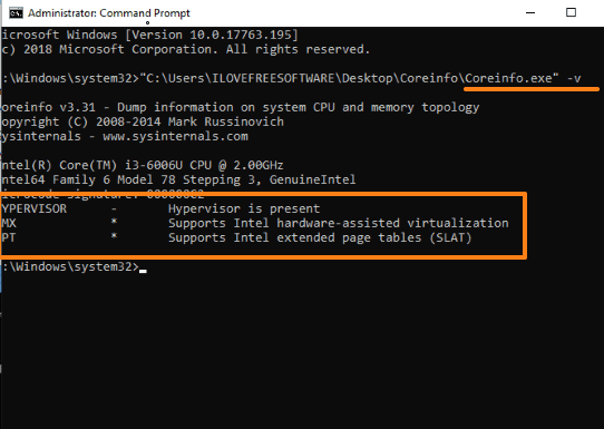 check if pc supports hypervisor using coreinfo