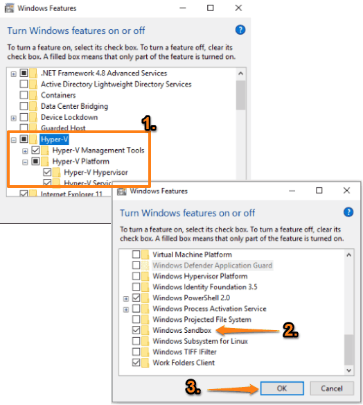 enable hyper v and windows sandbox options and save changes