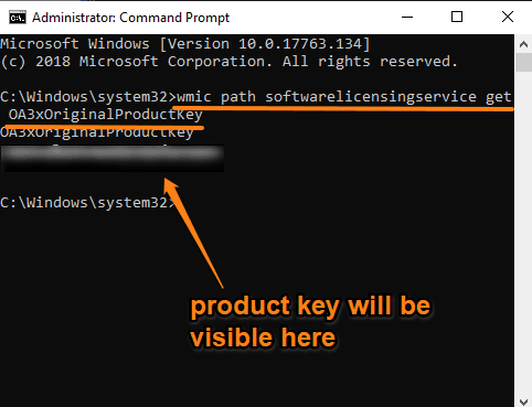 enter command to find product key