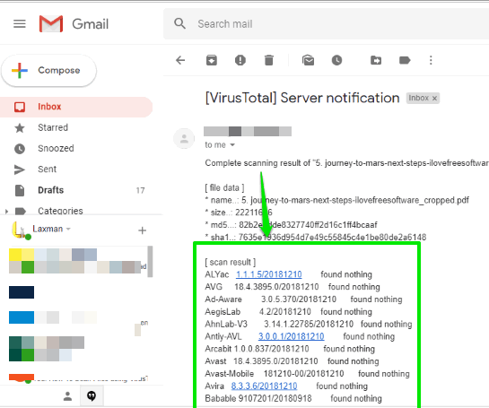 file scanned by virustotal by sending an email