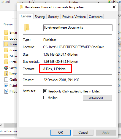 number of files and folders in main folder of onedrive