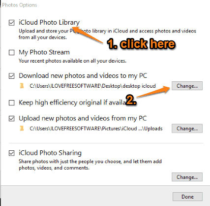select icloud photo library option and set download folder